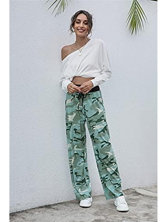 Comfy Casual Elk Print High Waist Drawstring Pajama Pants Casual Loose Wide Leg Pants Sweatpants Trousers 