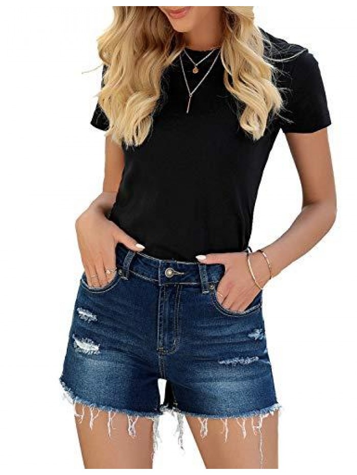 Women's Mid Rise Ripped Denim Shorts Frayed Raw Hem Casual Jeans Shorts 