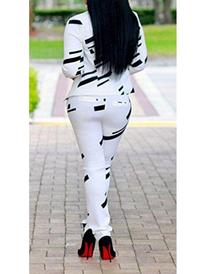 Women Lapel Collar Long Sleeve Stripe Top Jacket Pants 2 Piece Suit Set Outfits 