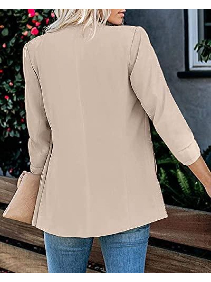 Womens Casual Blazer Ruched 3/4 Sleeve Open Front Relax Fit Office Lightweight Cardigan Jacket Blazers 