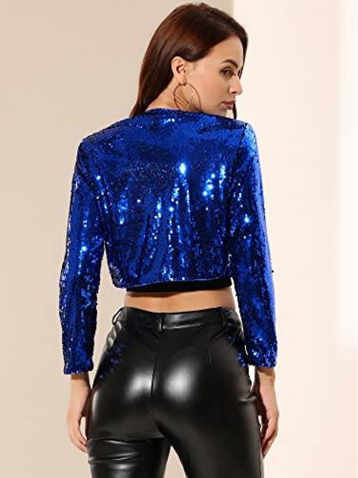 K Women's Sequin Jacket Long Sleeve Open Front Cropped Cardigan Bolero Shrug 