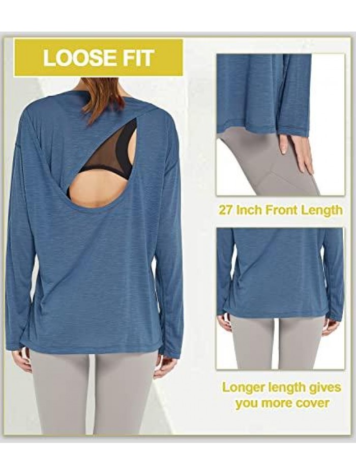 Women's Workout Tops Long Sleeve Open Back Yoga Shirts Quick Dry Tunic Loose Fit Running Gym Flowy Activewear 