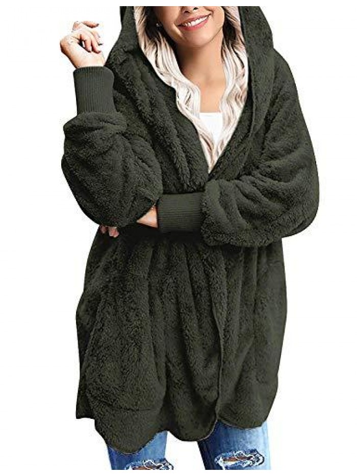 Womens Fuzzy Fleece Open Front Hooded Cardigan Jackets Sherpa Coat with Pockets 