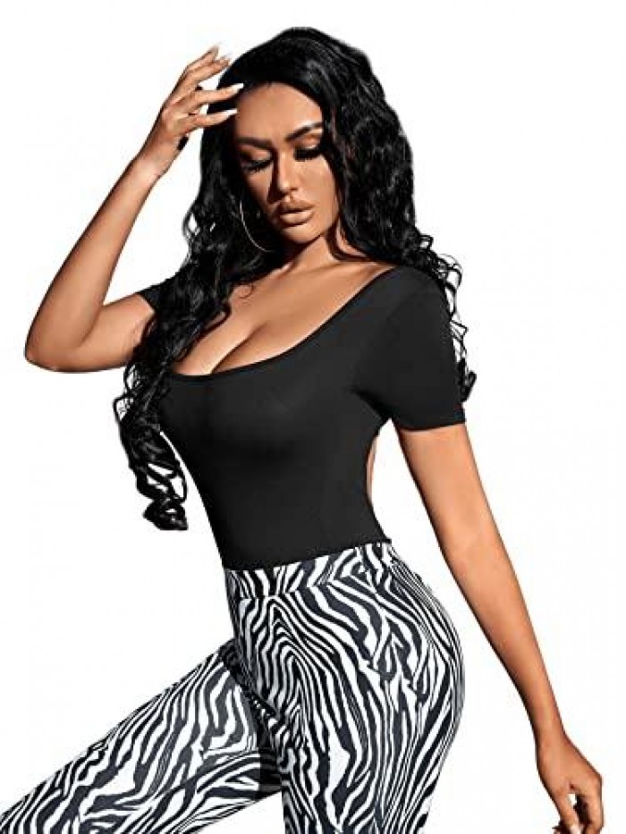 Women's Short Sleeve Scoop Neck Leotard Backless Skinny Bodysuit Jumpsuit 