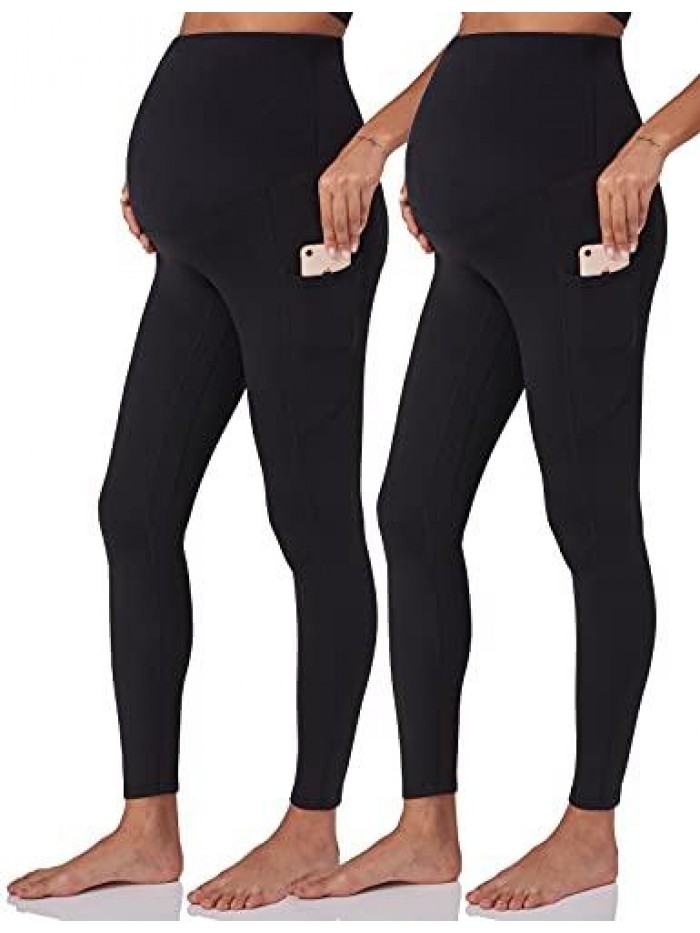 Women's Maternity Fleece Lined Leggings Over The Belly Pregnancy Winter Warm Yoga Workout Active Pants with Pockets 