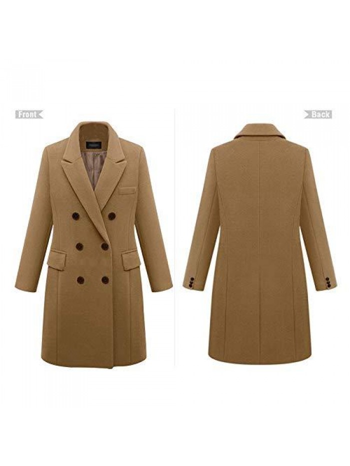 Women's Notched Lapel Wool Coat Double Breasted Long Trench Jacket Winter Pea Coat with Cashmere Scarf 