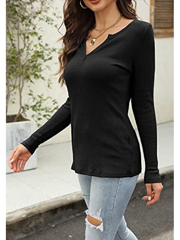 V Neck Waffle Knit Henley Tops Casual Long Sleeve Pullover Sweater Blouses 