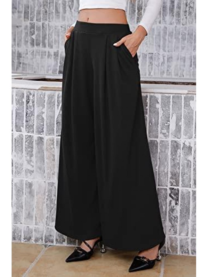 Women Long Wide Leg Pants Business Casual Stretchy Palazzo Pants Loose Fitting Trousers Comfy Work Pants 