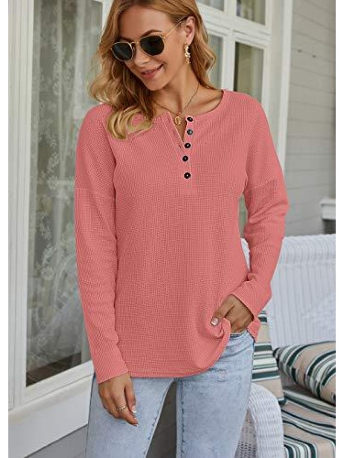 Women's Waffle Knit Tunic Tops Loose Long Sleeve Button Up V Neck Henley Shirts 