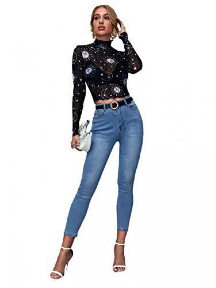 Women's Long Sleeve Mock Neck Angel Print Sexy Sheer Mesh Crop Top 