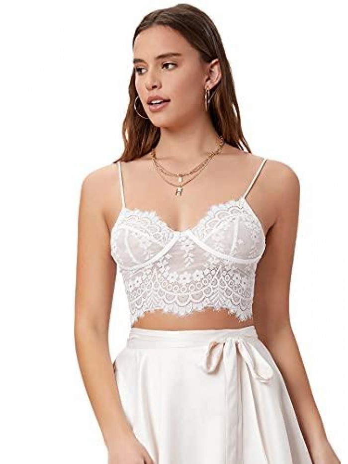 Women's Sheer Lace Cami Crop Top Stretch Spaghetti Strap Crop Cami Bra 