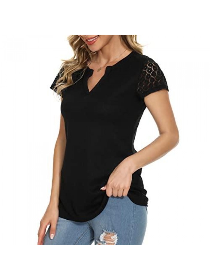 Women's Summer Tops Lace Short Sleeve Shirts Casual V Neck Blouse T Shirt 