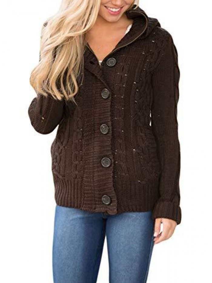 Women's Long Sleeve Button-up Hooded Cardigans Button Knit Cardigan with Pocket 