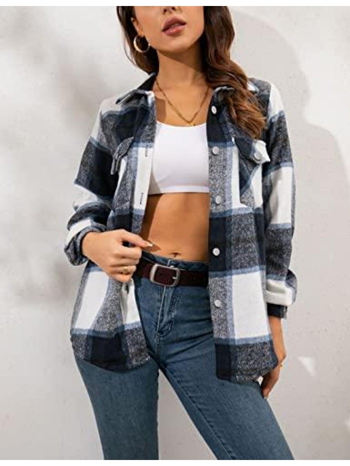 Womens Brushed Flannel Plaid Lapel Button Short Pocketed Shacket Shirts Coats 