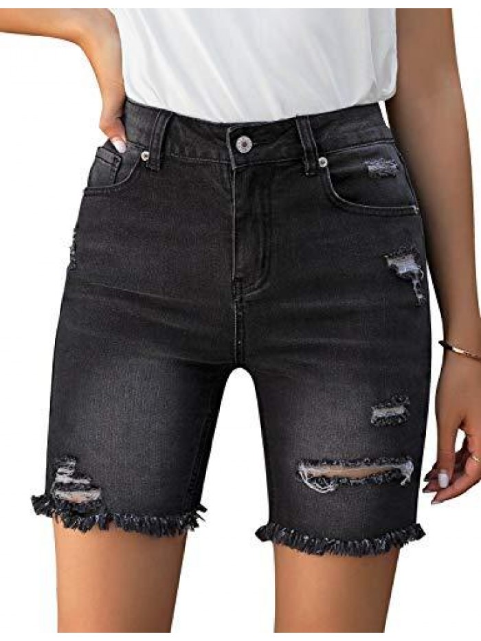 Women's High Waist Bermuda Shorts Ripped Distressed Stretch Denim Shorts 