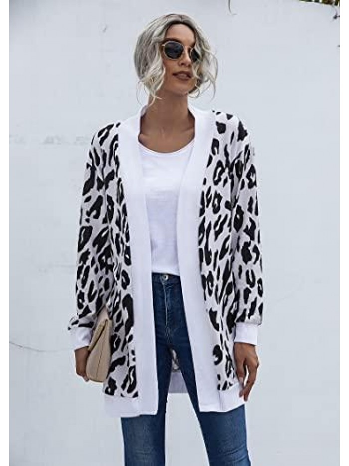 Women's Long Sleeve Open Front Print Casual Lightweight Soft Knit Cardigan Sweater Outerwear 