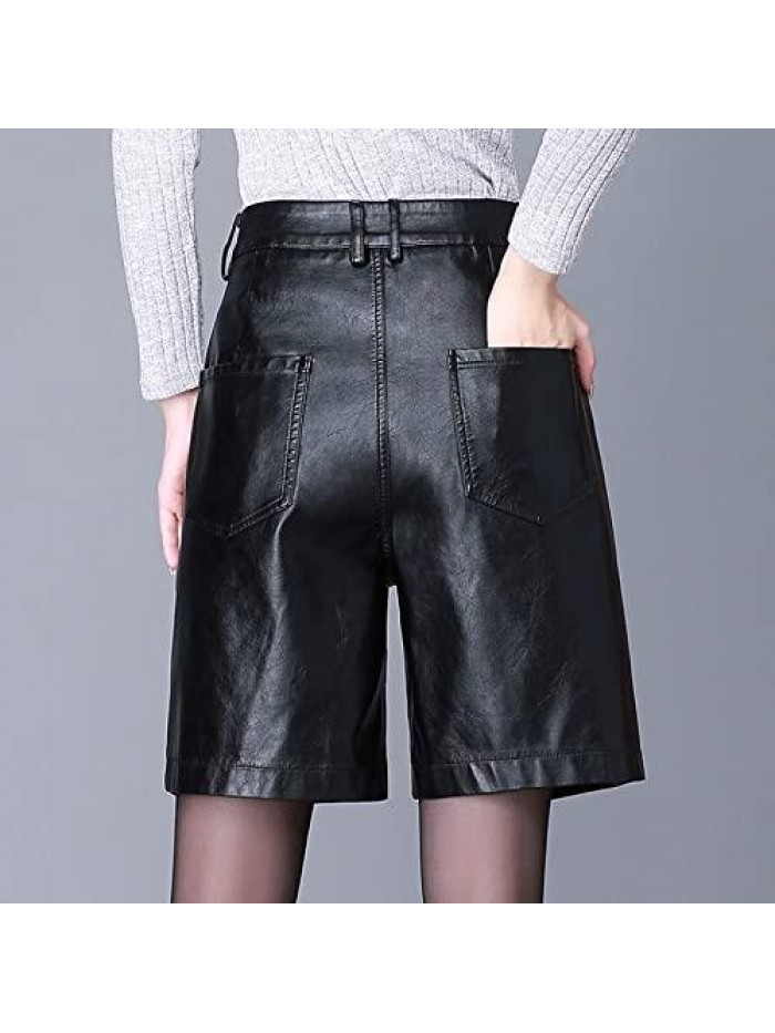 Fashion PU Leather Shorts Women's Autumn Winter High Waist Loose Five Points Leather Trouser Plus Size Shorts 