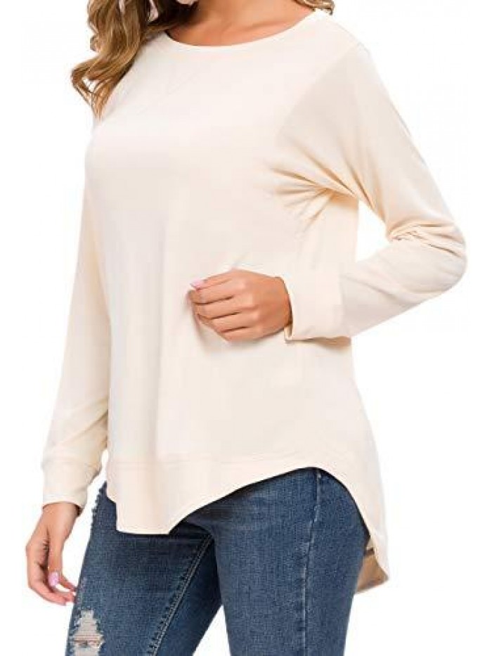 Womens Long Sleeve Casual T-Shirts Tunic Blouse Loose Curved Hem Tops 