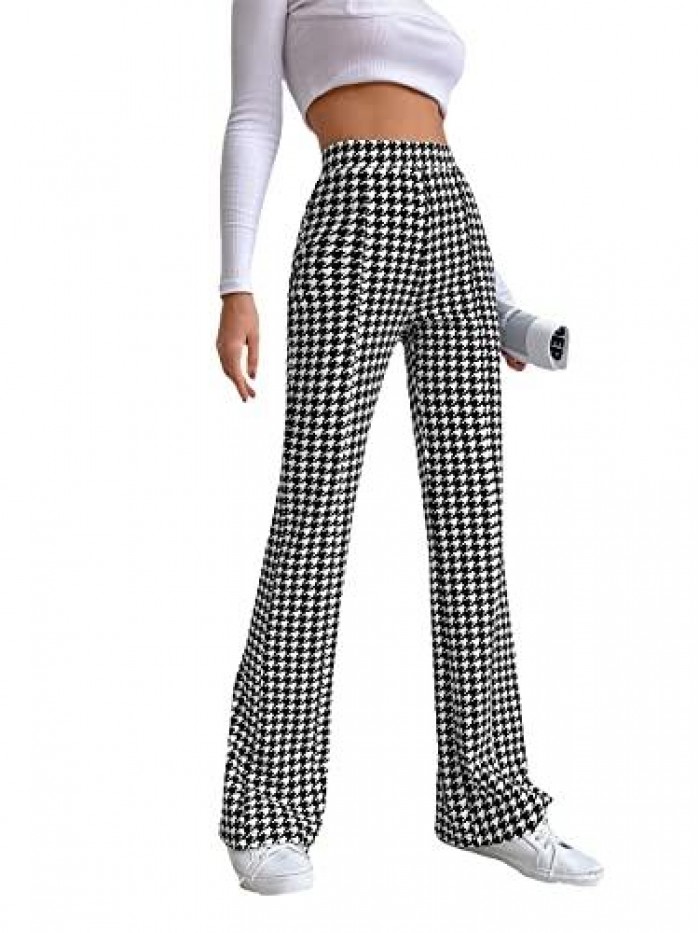 Women's Elastic High Waist Flare Pants Houndstooth Print Wide Leg Long Trousers 