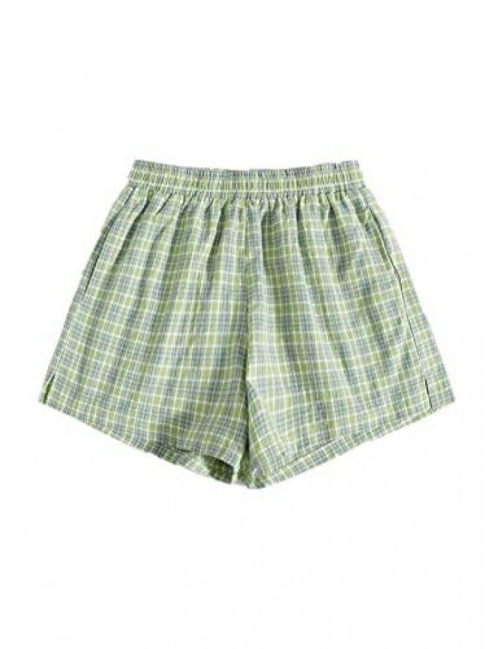 Women's Casual Plaid Split Hem Elastic High Waist Wide Leg Summer Shorts 