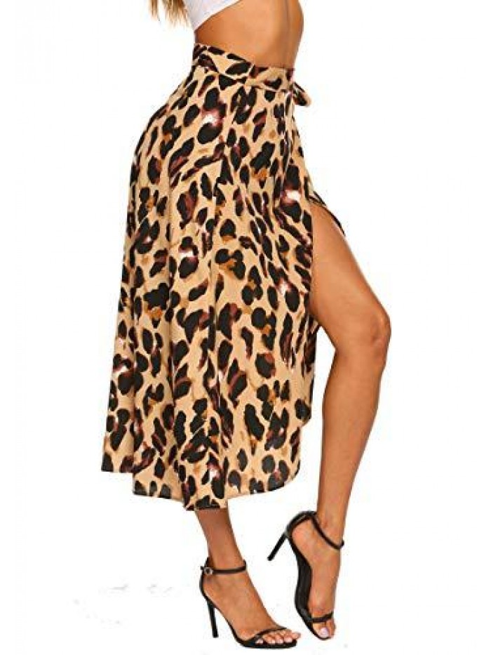 Women's Boho Leopard Skirt High Low Split Summer Beach Midi Wrap Skirts 