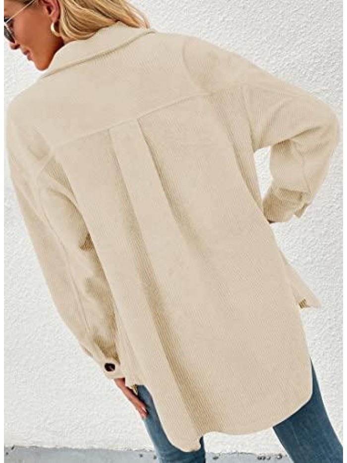 Womens Corduroy Shacket Blouses Button Down Shirts Pocket Long Sleeves Tops Jacket Coats 