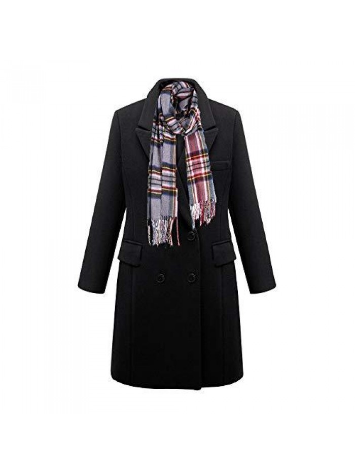 Women's Notched Lapel Wool Coat Double Breasted Long Trench Jacket Winter Pea Coat with Cashmere Scarf 