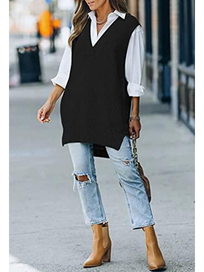 Women's Sweater Vest Chunky Knit Tops V Neck Sleeveless Pullover Sweater 