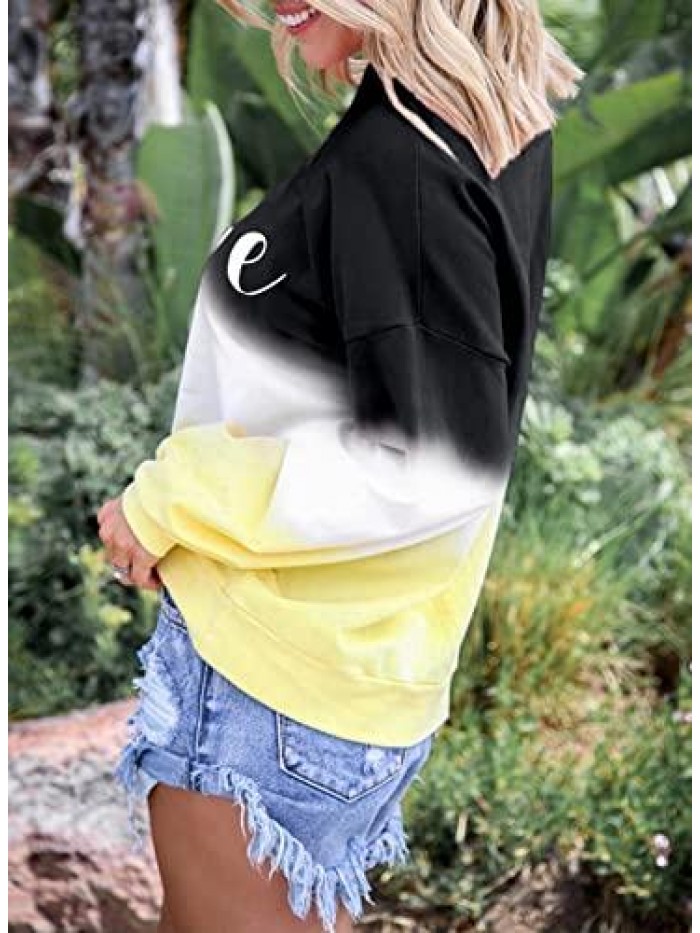 Women's Casual Color Block Tie Dye Crewneck Long Sleeve Loose Pullover Sweatshirt Tops 