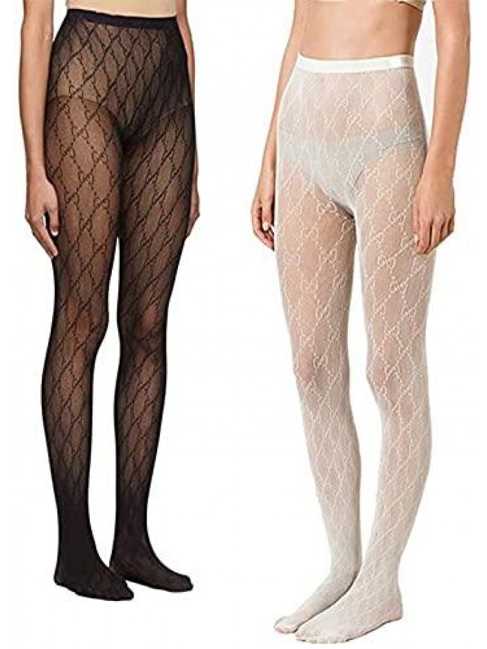 Pieces Women's Sexy Letter Fishnet Stockings, Leggings, Pantyhose with Letters Tights High-Waist Jumpsuit, Lace Tights, Sports Pants Nylon (Black+White) 