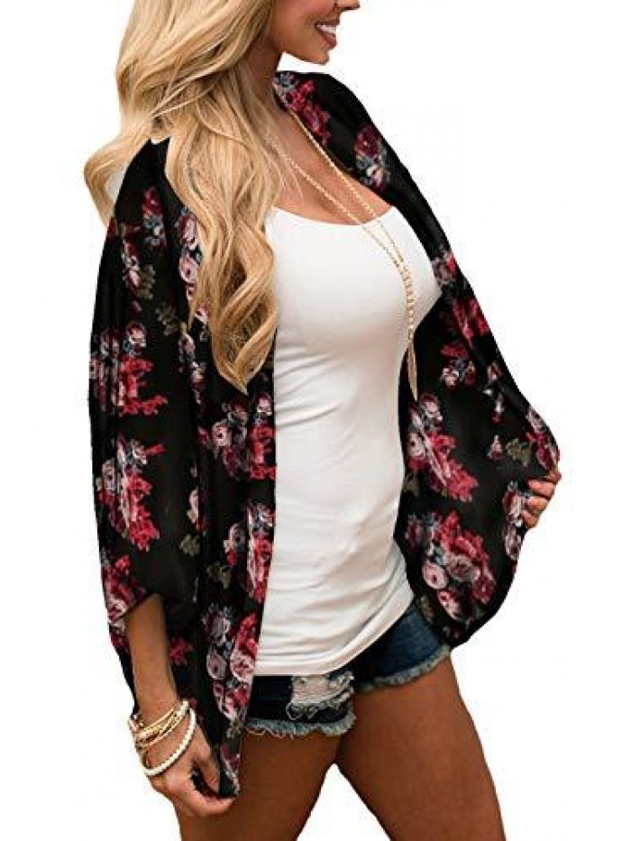 Women's Cardigan-Sheer Kimono Loose Summer Floral Print Cover Ups 