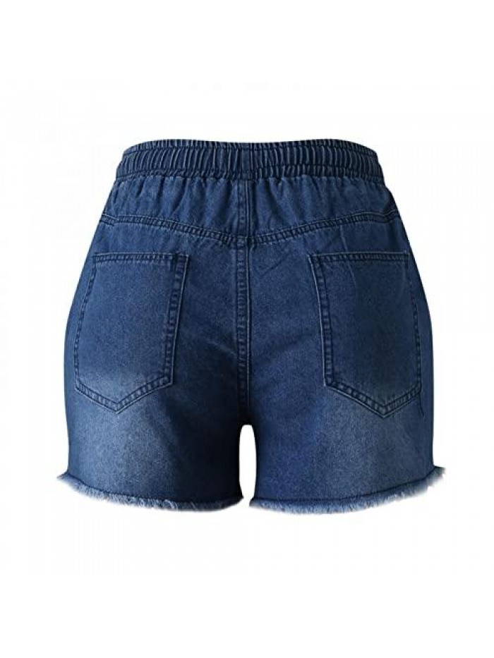 Women's Casual Elastic Waist Comfy Cotton Beach Shorts with Drawstring High Waisted Ripped Denim Jeans Shorts 