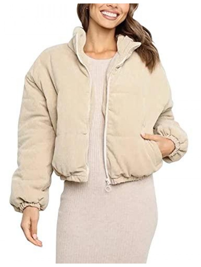 Womens Quilted Jackets Winter Corduroy Cropped Jacket Padded Zip Up Long Sleeve Coat 