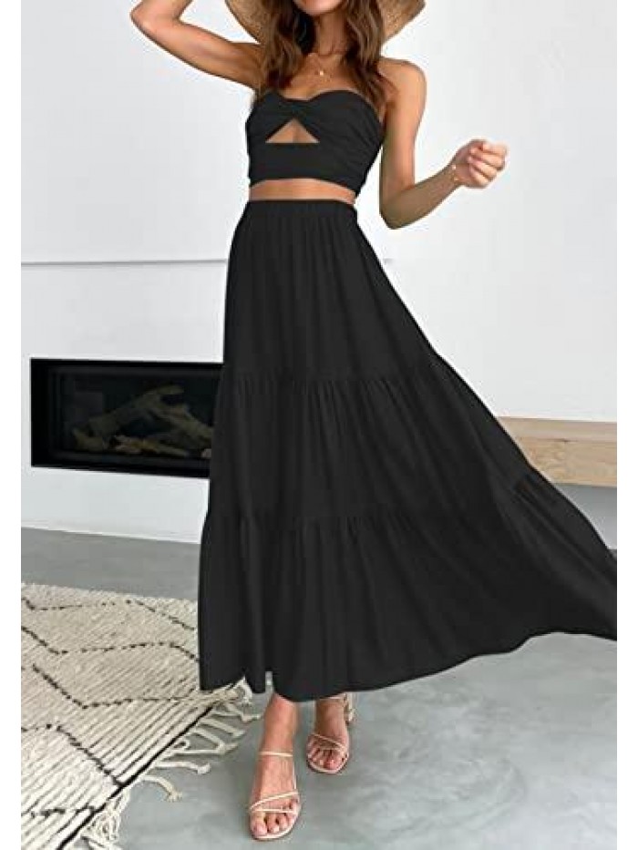 Women's Boho Elastic High Waist Ruffle A Line Swing Beach Long Maxi Skirt with Pockets 