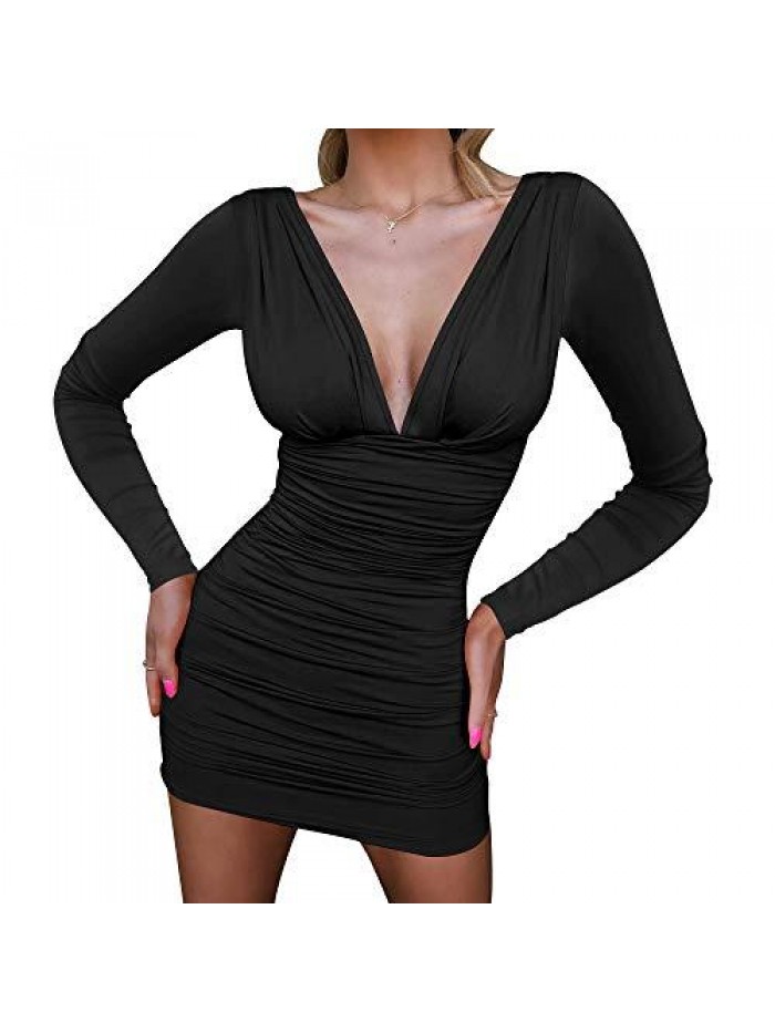 Women's Sexy Long Sleeve V Neck Ruched Bodycon Mini Party Cocktail Dress 
