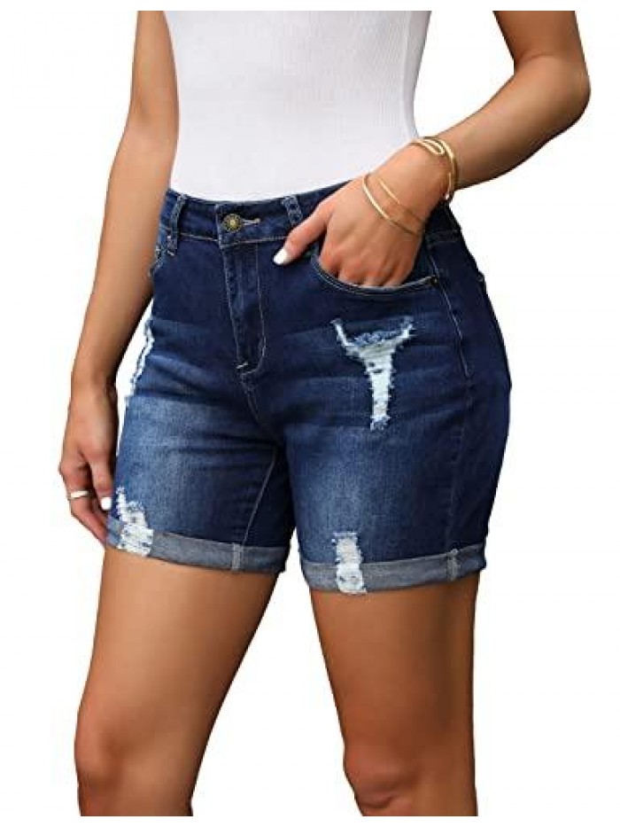 Women's Casual Ripped Denim Shorts High Rise Stretchy Summer Jean Shorts 