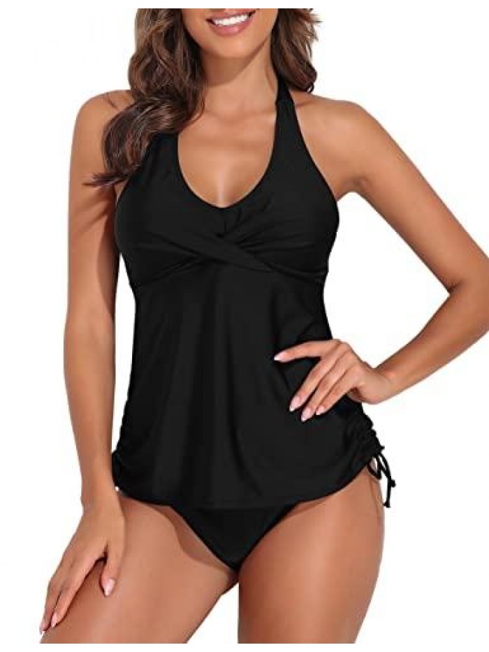 Women's Ruched Two Piece Bathing Suits Tummy Control Swimwear Halter Tankini Swimsuits V Neck Swim Top with Shorts 