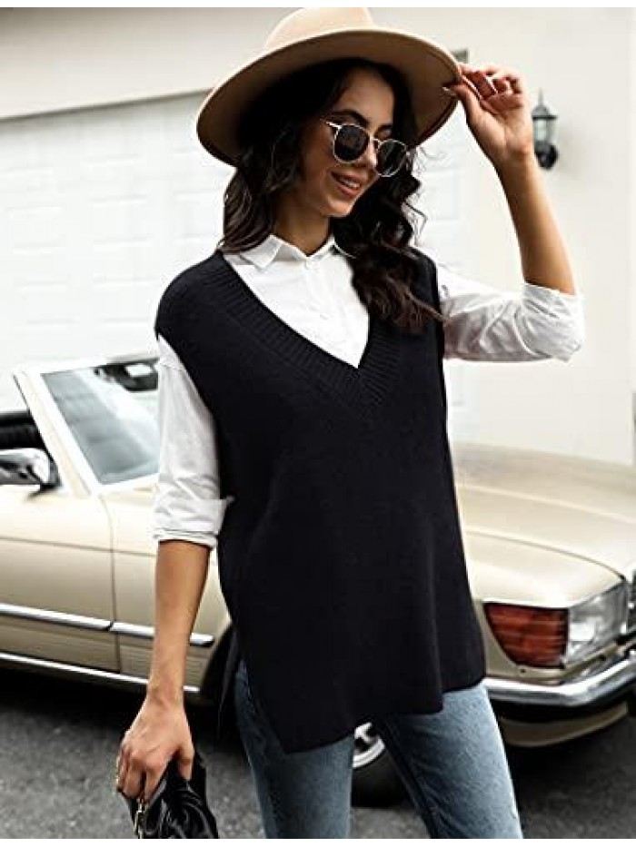 Womens Oversized V Neck Sweater Vests Retro Solid Cute Sleeveless Sweater Pullover 