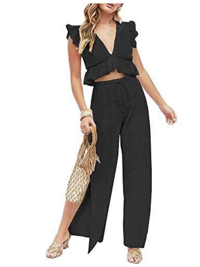 Womens 2 Pieces Outfits Deep V Neck Crop Top Side Slit Drawstring Wide Leg Pants Set Jumpsuits 