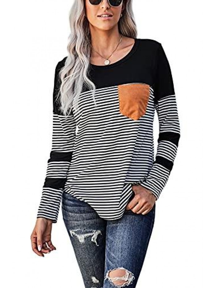 Women's Color Block Tunic Tops Striped Long Sleeve Tshirt Crewneck Shirts Pullover Tops 