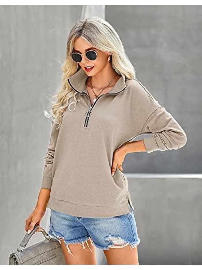 Women's Causal 1/4 Zip Pullover Long Sleeve Collar Sweatshirts Solid Activewear Running Jacket 