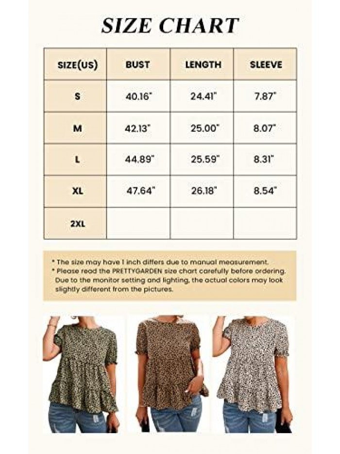 Women's Leopard Blouse Short Puff Sleeve Crewneck Babydoll Shirts Peplum Tunic Tops 