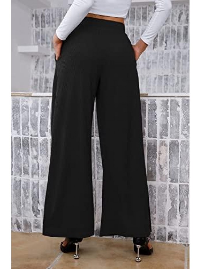 Women Long Wide Leg Pants Business Casual Stretchy Palazzo Pants Loose Fitting Trousers Comfy Work Pants 