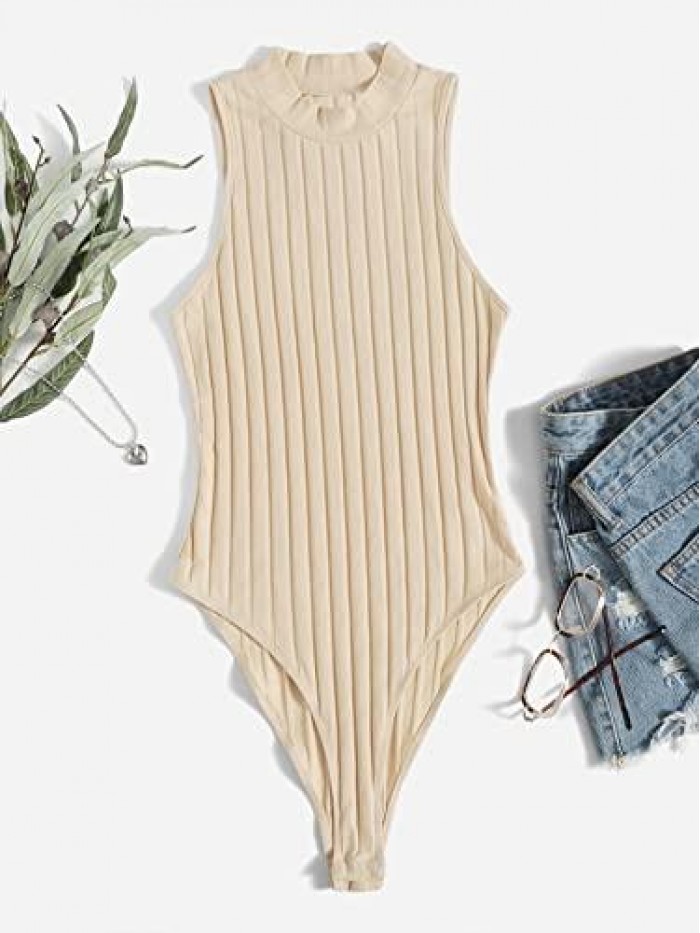 Women Sleeveless High Cut Ribbed Knit Mock Neck Basic Solid Bodysuits Tops 