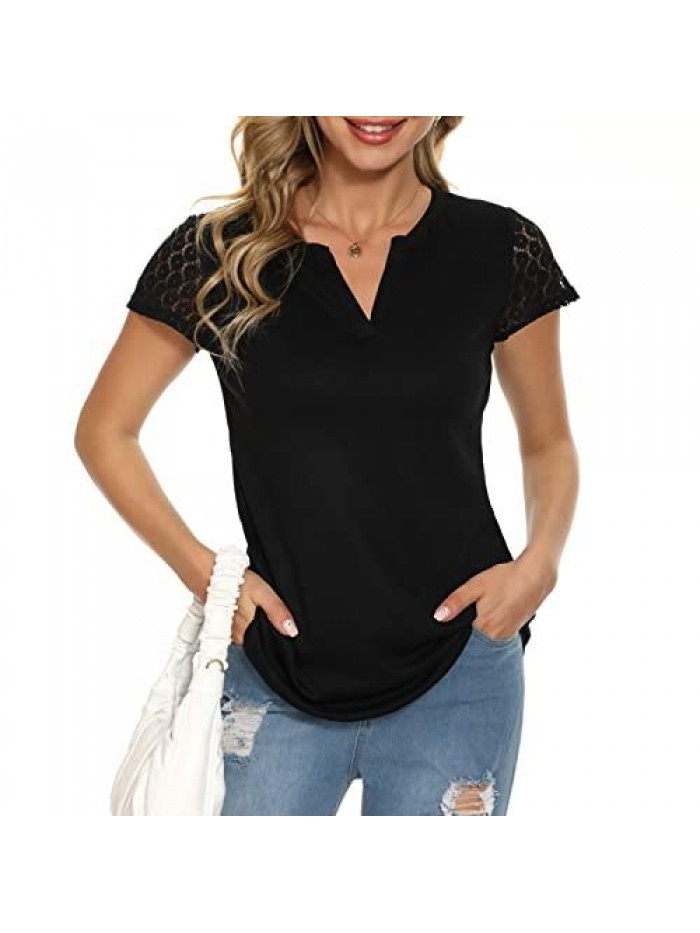 Women's Summer Tops Lace Short Sleeve Shirts Casual V Neck Blouse T Shirt 