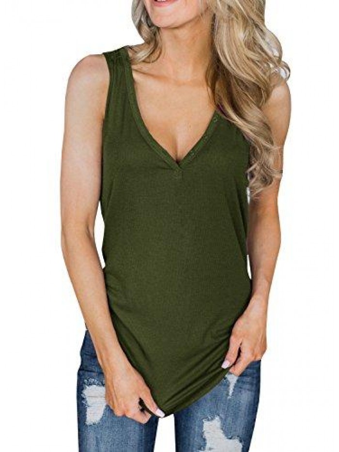 Womens V Neck Tank Tops Sleeveless Henley Shirts Button Up Ribbed Long Tunic Tees 