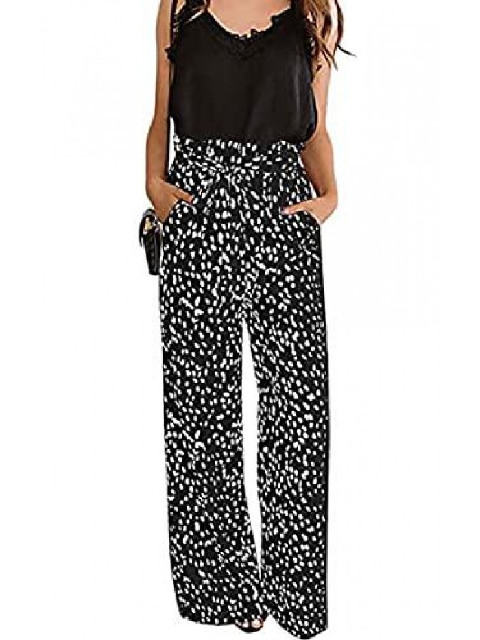 Womens Cotton Soft Palazzo Wide Leg Pant with Pockets High Waist Casual Loose Flowy Pants with Belt 