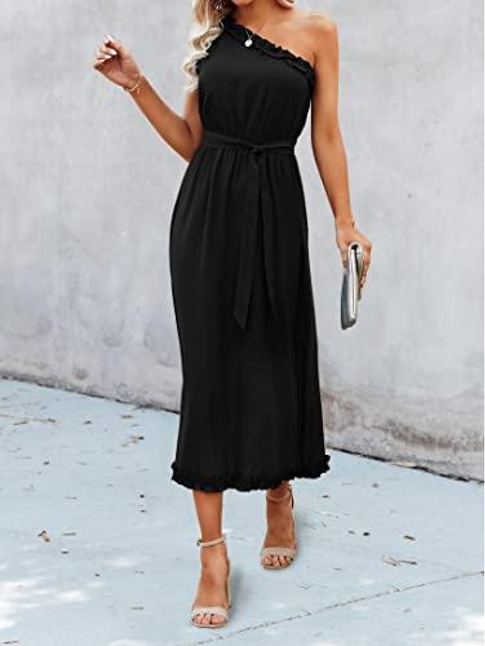 Women’s Sexy One Shoulder Sleeveless Solid Midi Dress Summer Ruffle Elegant Cocktail Long Dress with Waist Belt 