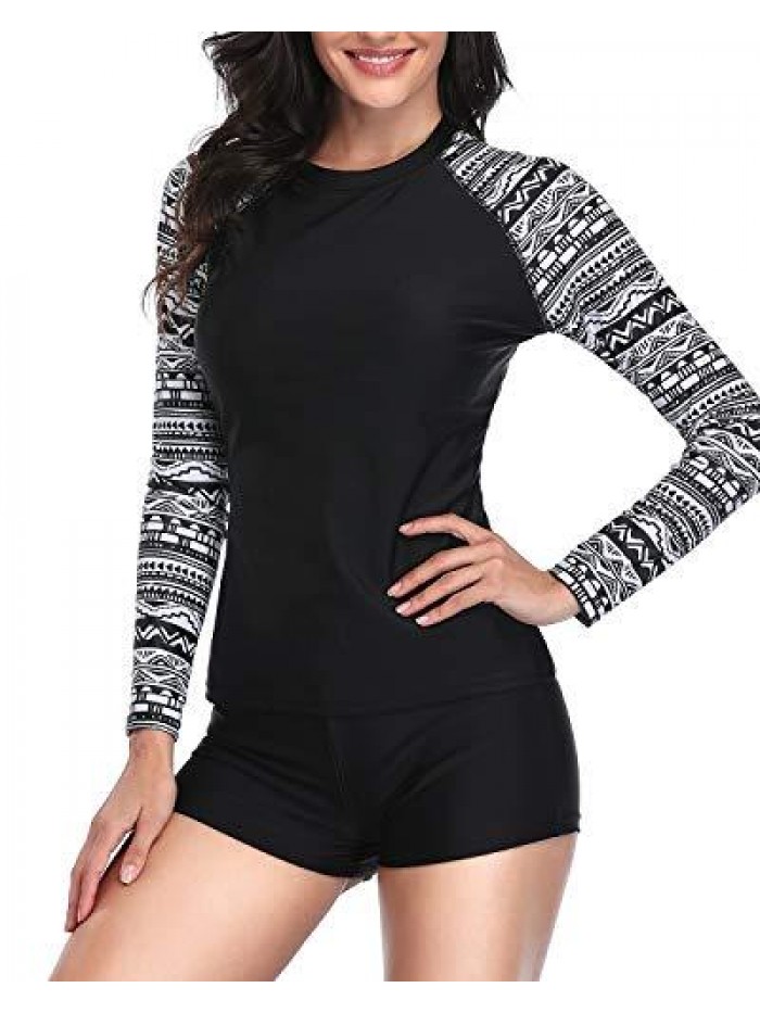 Women Two Piece Rash Guard Long Sleeve Swimsuits UV UPF 50+ Swim Shirt Bathing Suit with Boyshort Bottom 