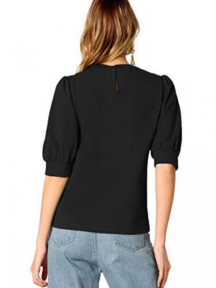 Women's Puff Sleeve Casual Solid Top Pullover Keyhole Back Blouse 